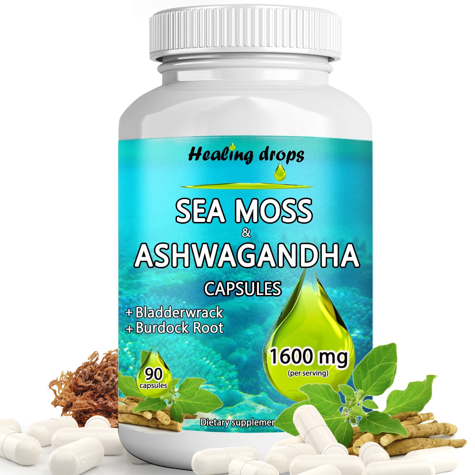 Sea Moss Capsules with Ashwagandha Capsules + Bladderwrack + Burdock supplements