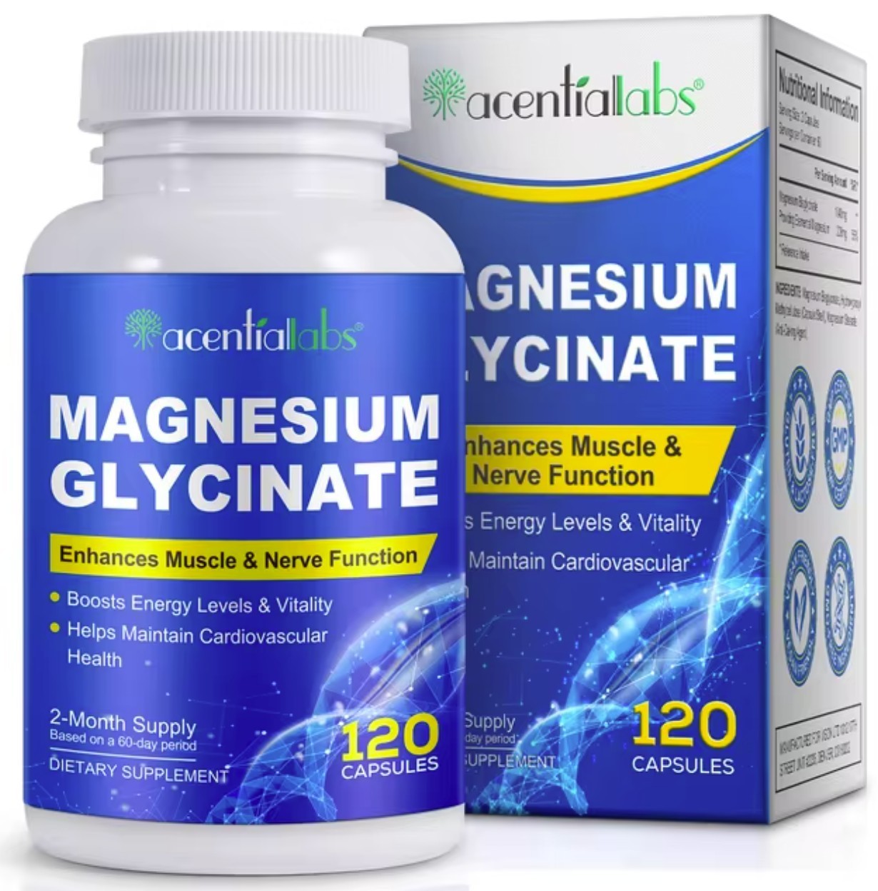 Magnesium Glycinate 1040mg 120 Capsules for Calm Stress, Sleep, Leg Cramp, Heart