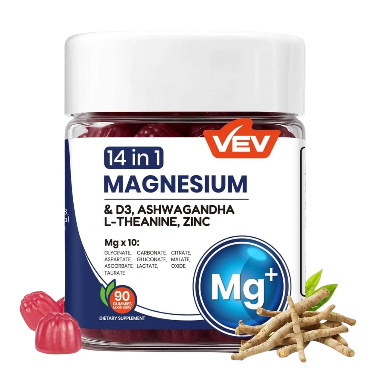 VEV 14-in-1 Magnesium Complex Gummies – with Ashwagandha, L-Theanine, D3 & Zinc