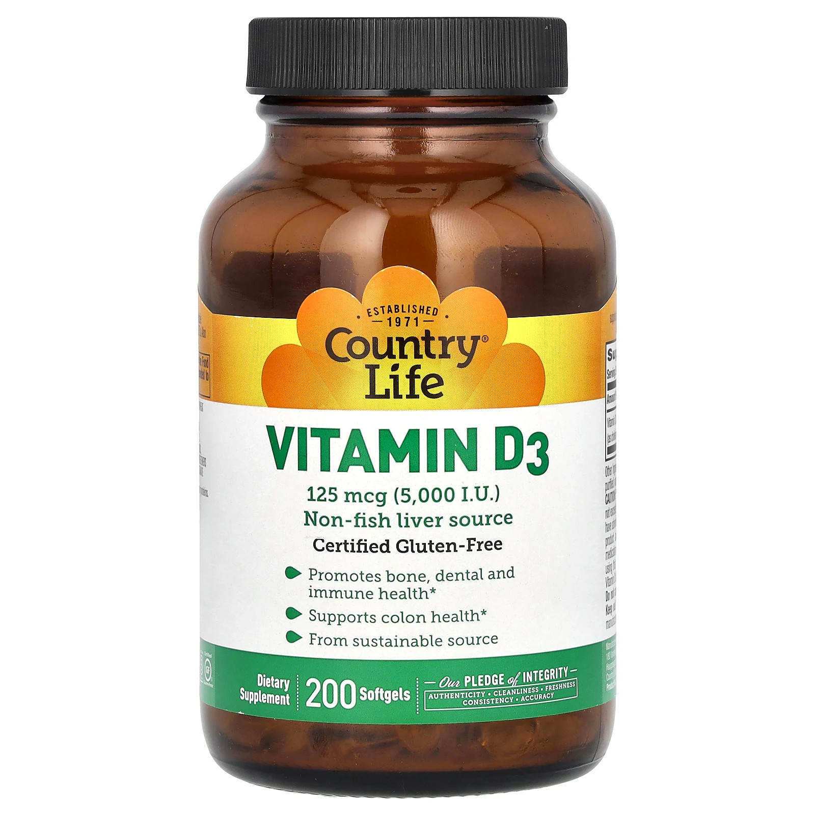 Country Life Vitamin D3 5 000 IU 200 Softgels Gluten-Free, GMP Quality Assured ,