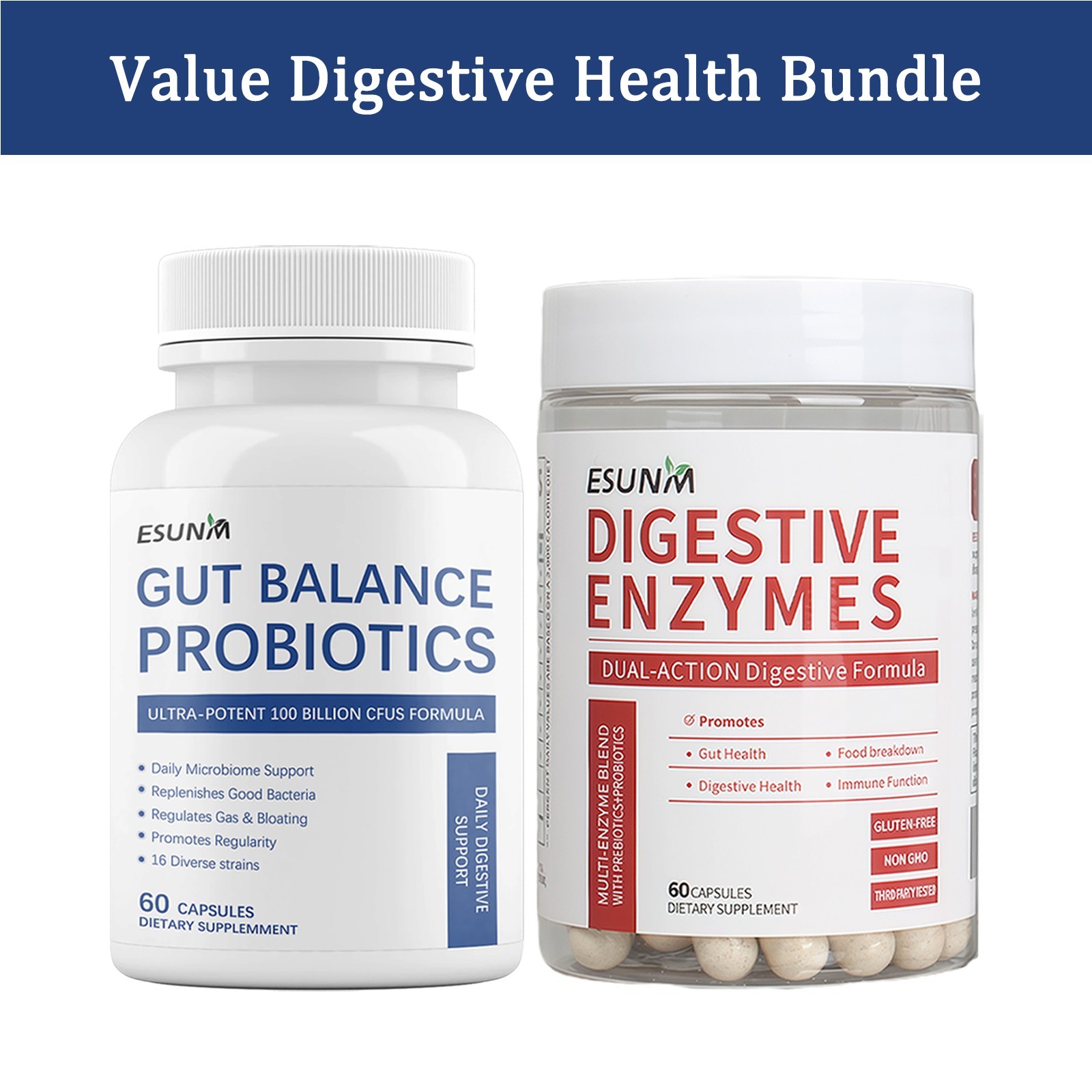 ESUNM Value Digestive Bundle (2-Pack): Digestive Enzymes 60ct + Probiotics 60ct