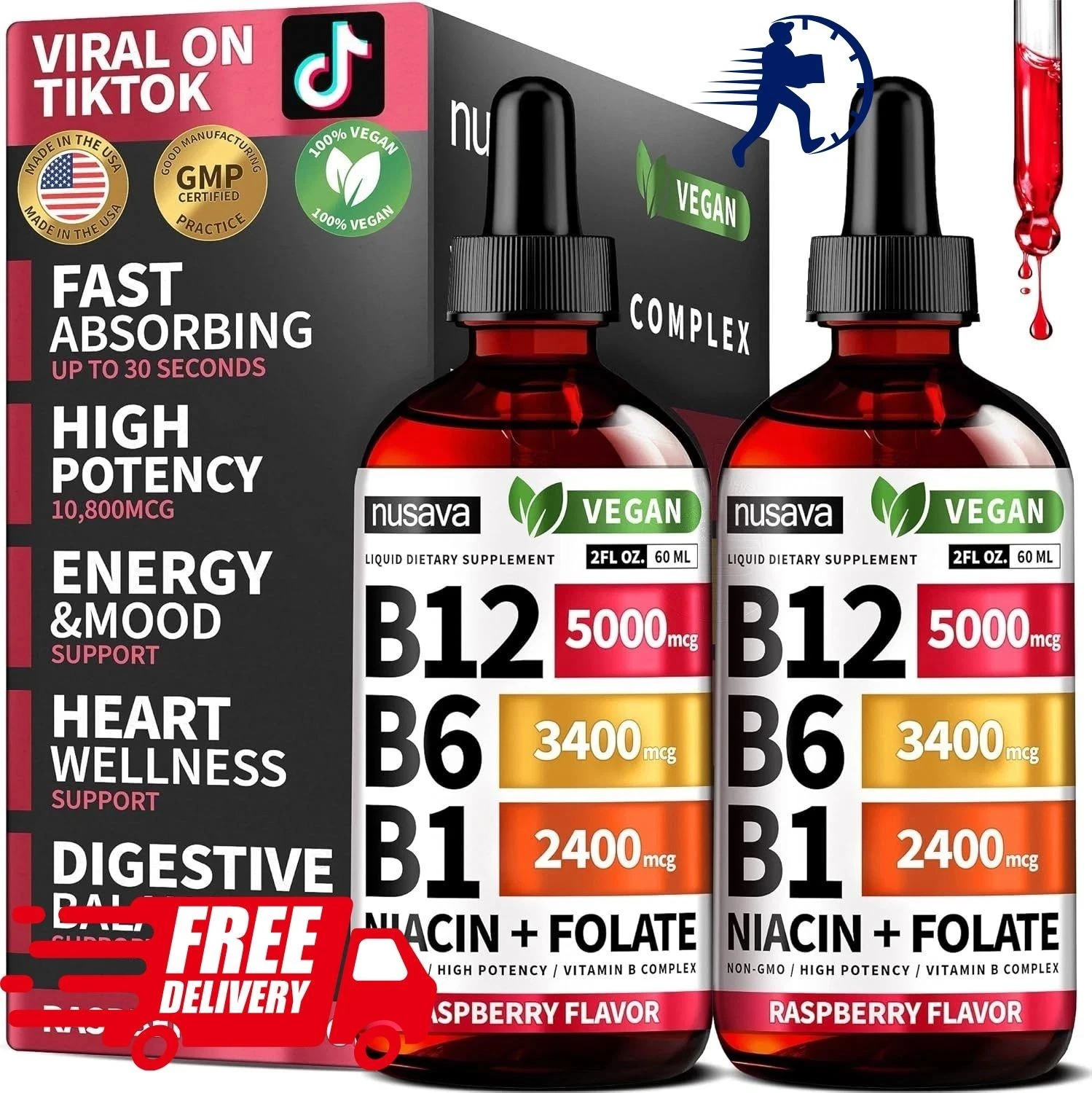 2 Pack Vitamin B12 and B6 Liquid Drops Methylcobalamin Vit B 12 5000mg Sublingua