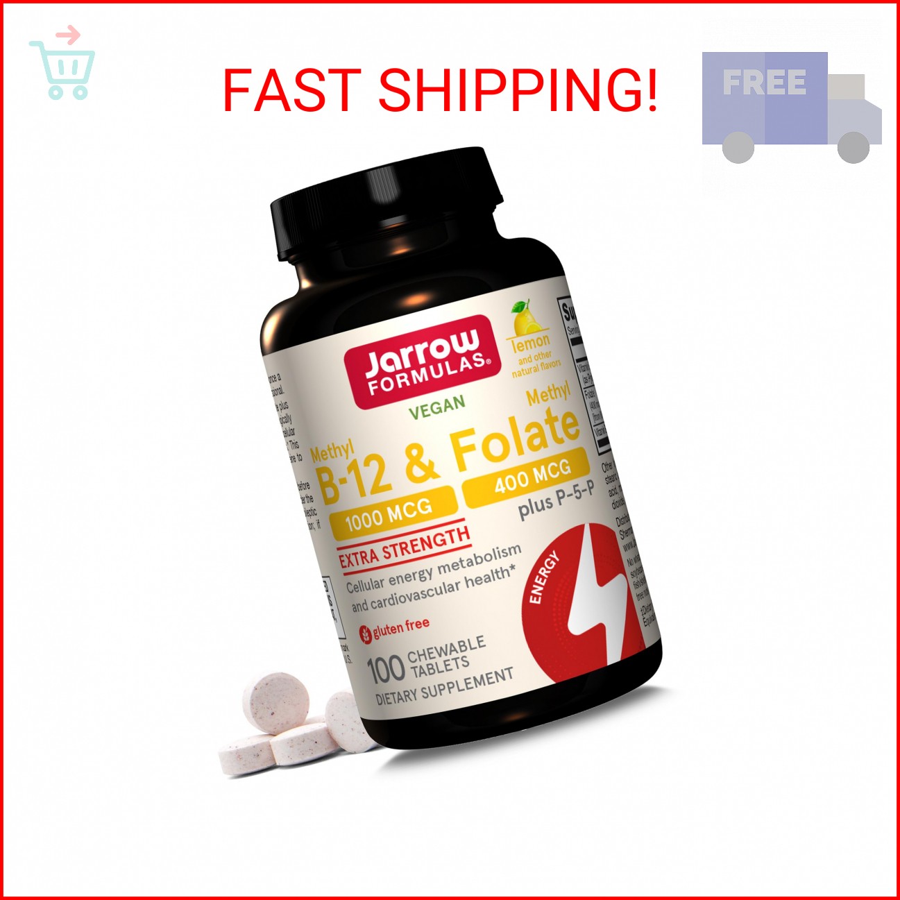 Jarrow Formulas Extra Strength Methyl B-12 1000 mcg & Methyl Folate 400 mcg + P-