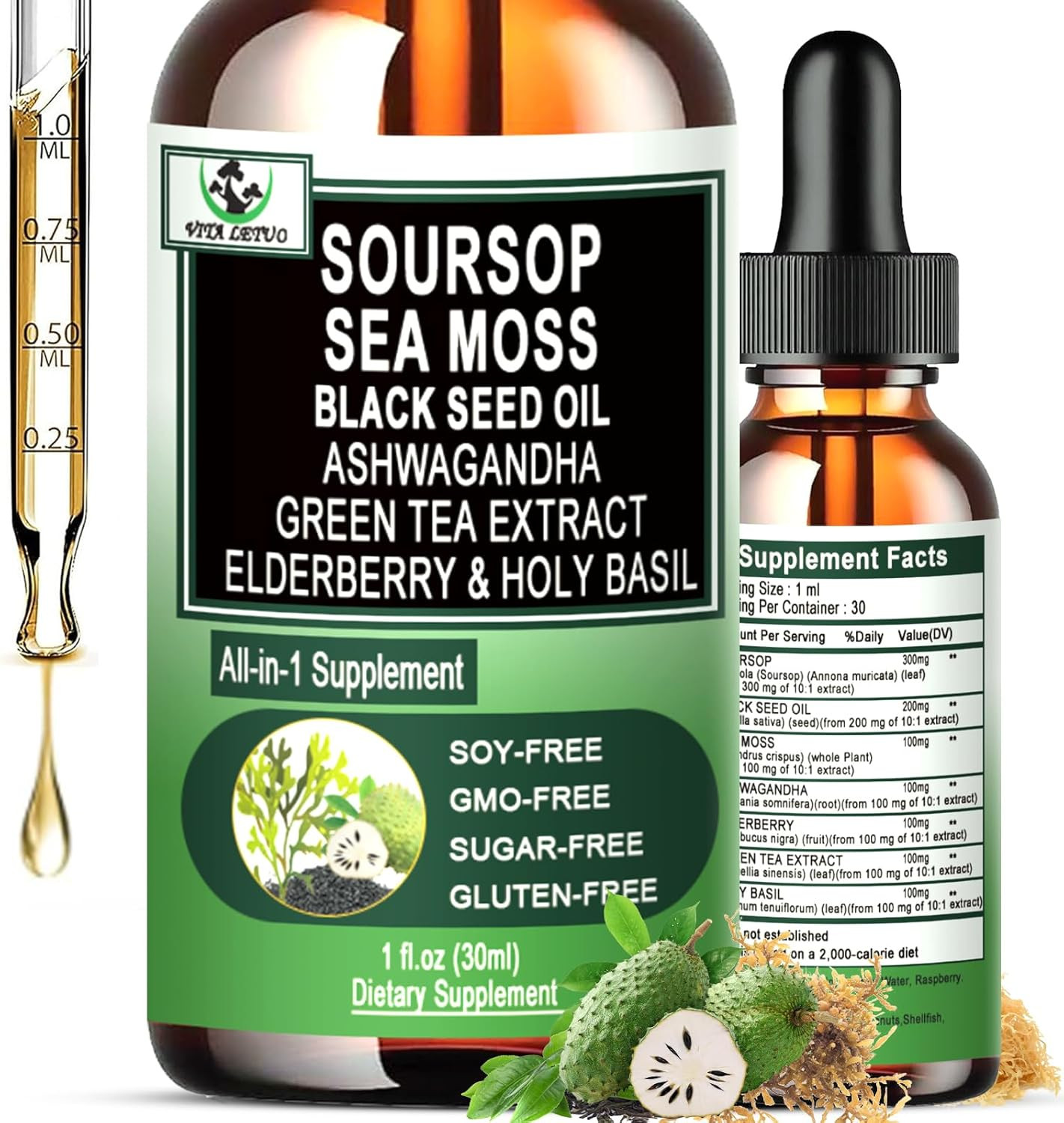 Soursop Sea Moss Black Seed Oil Ashwagandha Green Tea Extract Supplement Drops