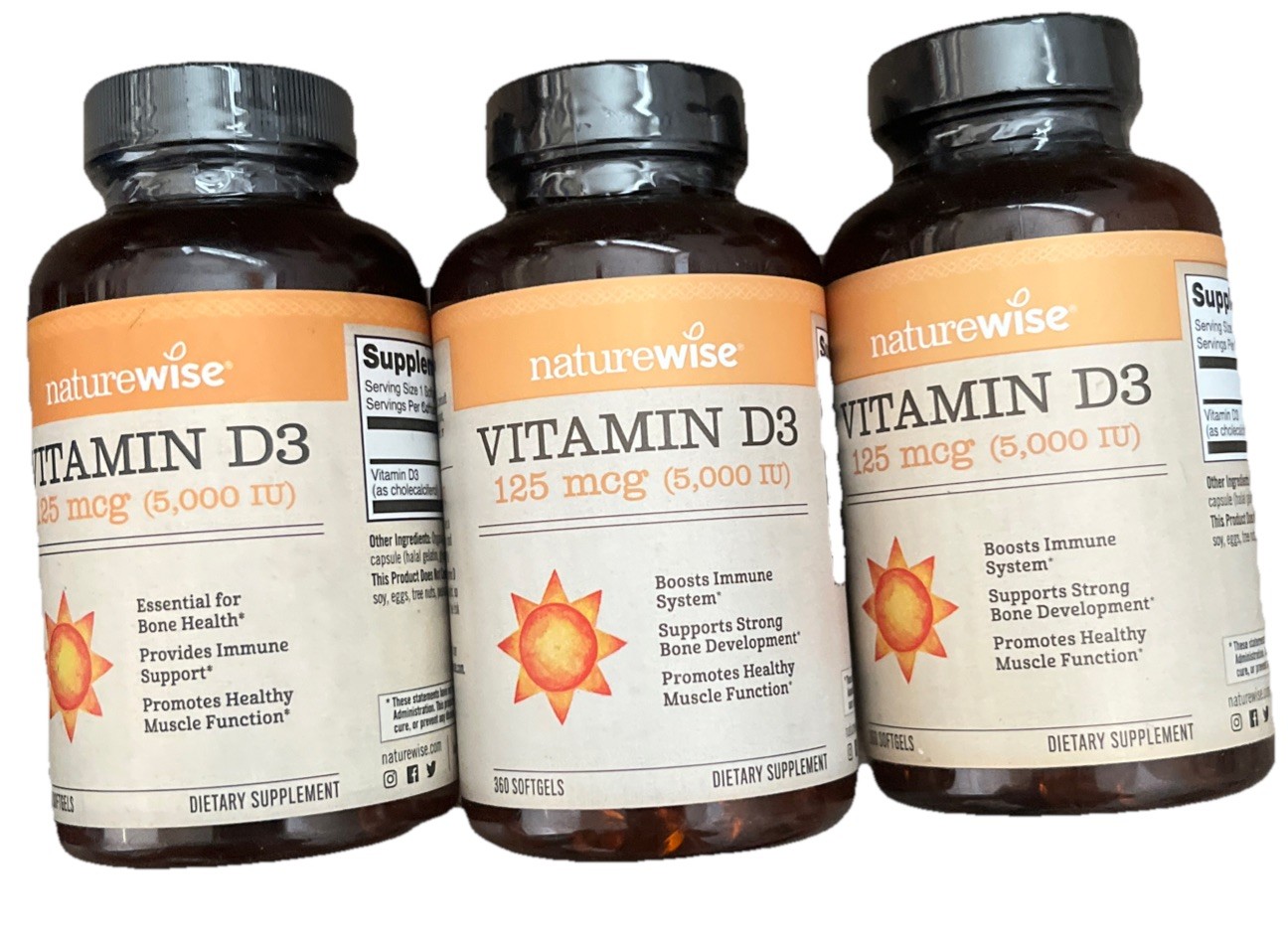3 Pack  Vitamin D3 5000IU 360 Softgels Each for Bone, Teeth, Muscle Exp 12/27