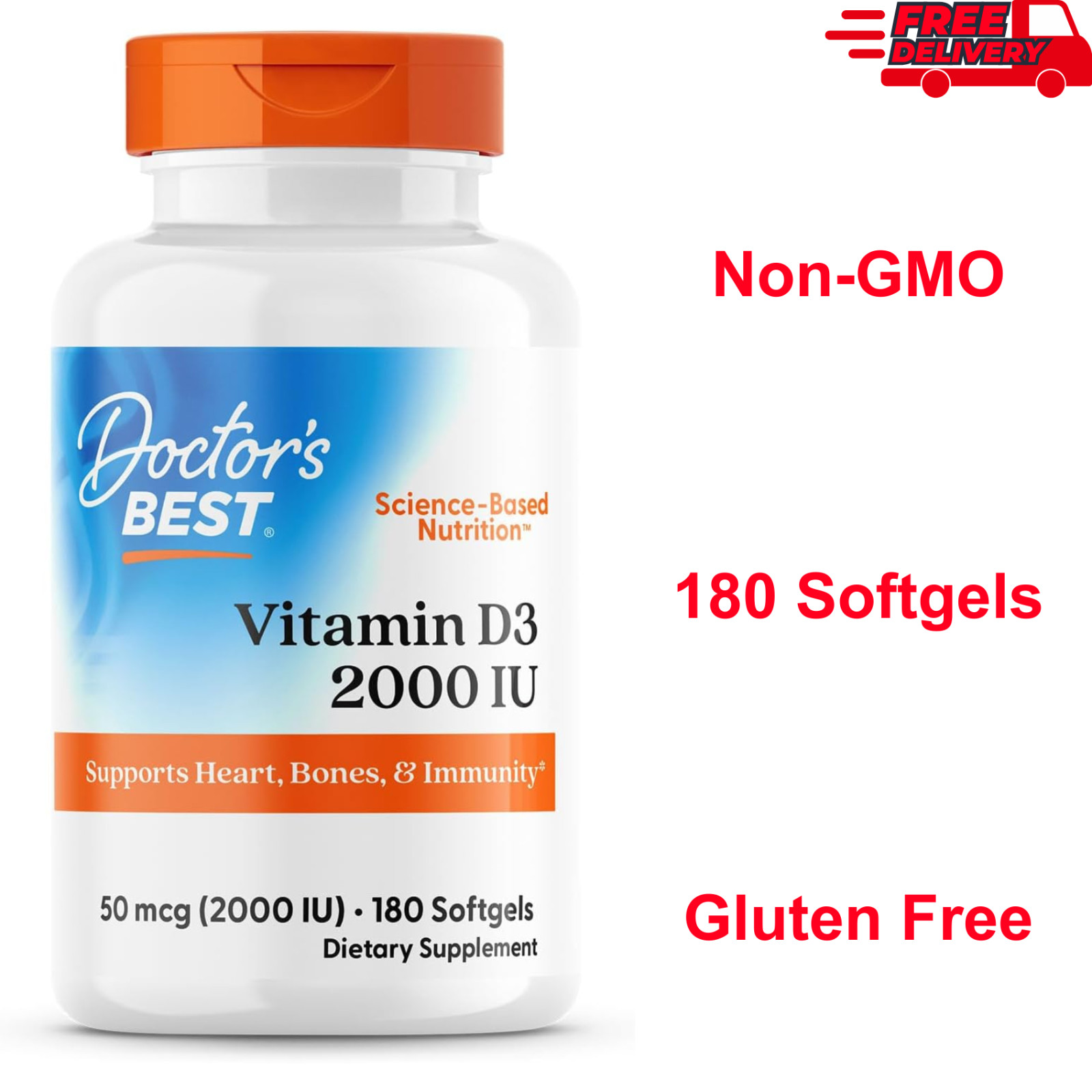 Doctors BEST Vitamin D3 2000 IU, Non-GMO, Gluten Free, Soy Free – 180 Softgels