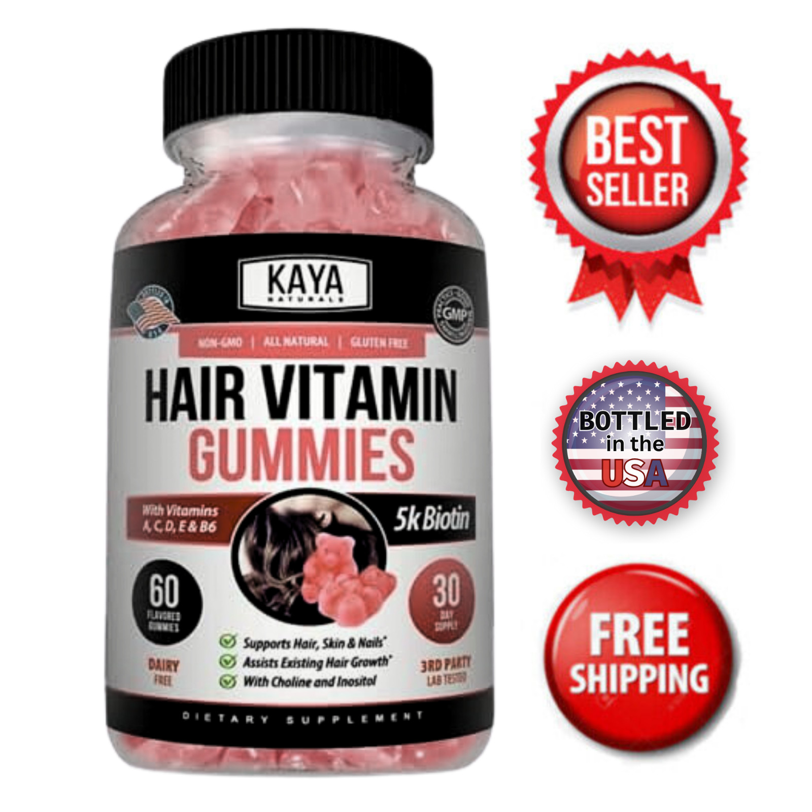 Hair Vitamin Gummies 60ct Fast & Strong Hair Growth Vitamin D Biotin Folic Acid