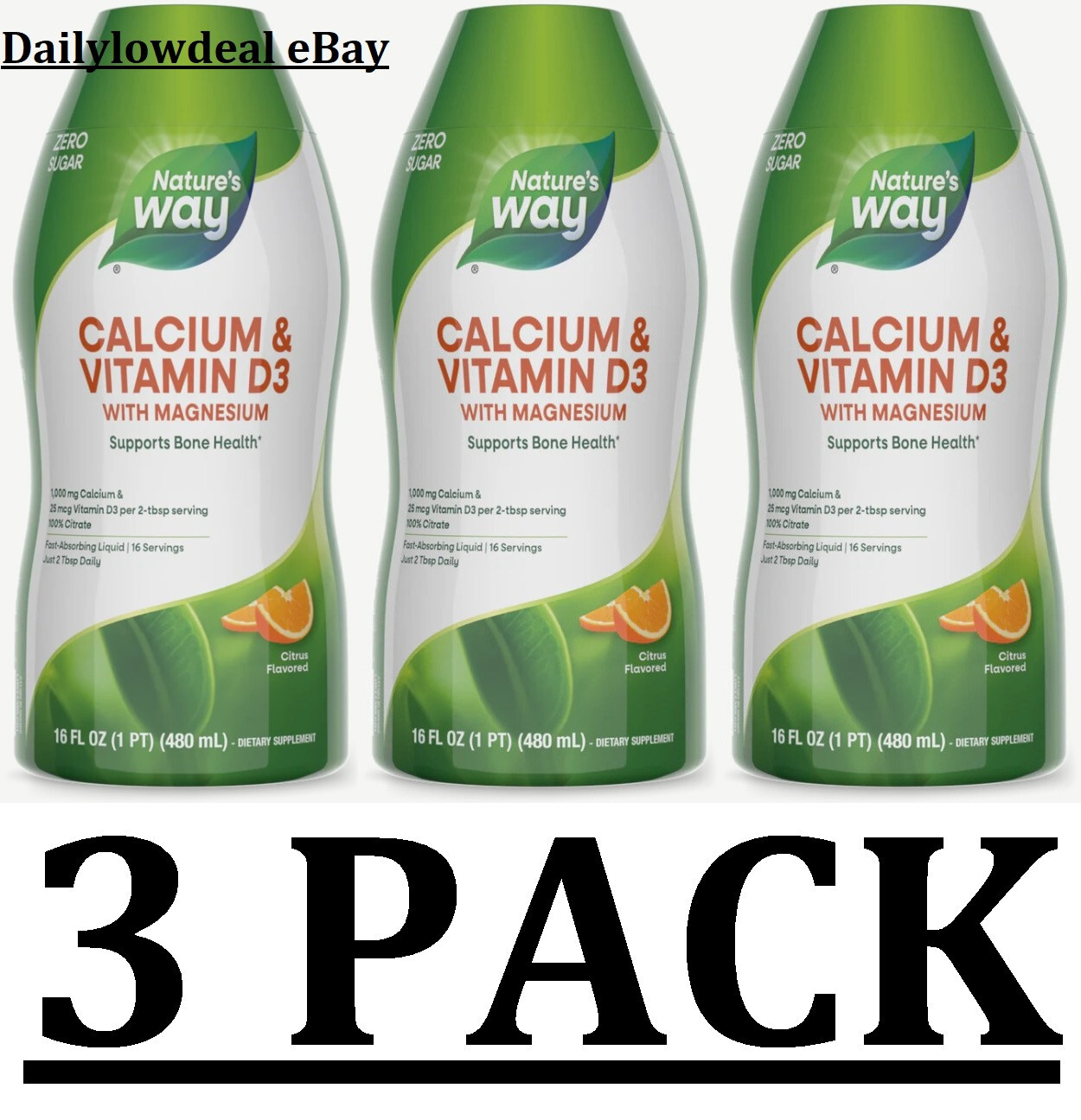 3 PACK -Nature’s Way Calcium & Vitamin D3, Citrus 16 fl oz (Total 48 fl oz)