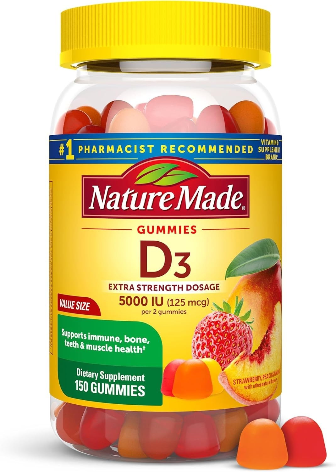 Nature Made Extra Strength Vitamin D3 Gummies 5000 IU 150 Count Immune Support