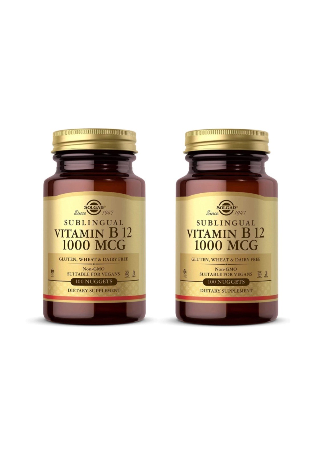 Lot of 2 ~ Solgar Sublingual Vitamin B 12 1,000 mcg, 100 nuggets each, EXP 5/28