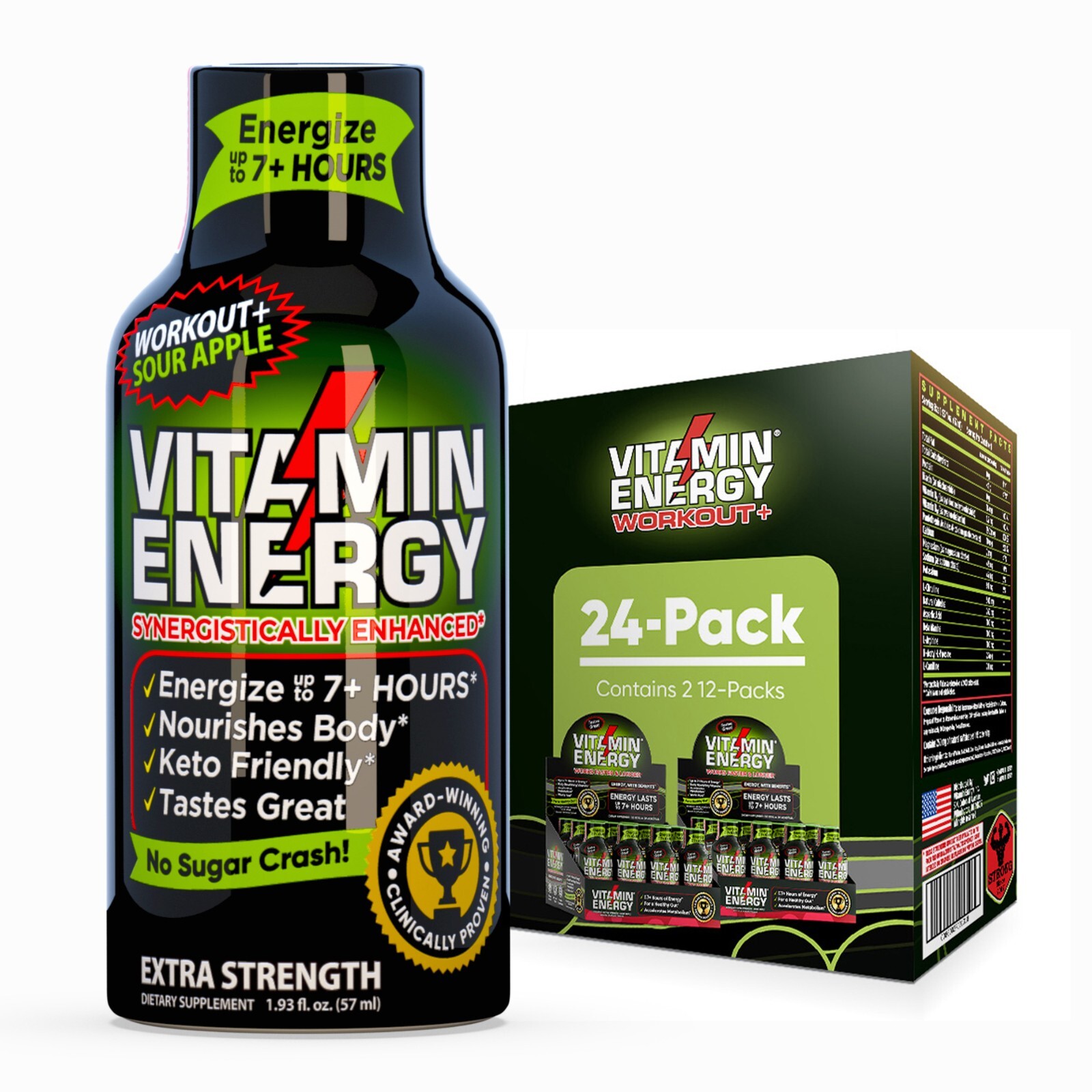 (24 Pack) Vitamin Energy® Workout+ Sour Apple Energy Shots, Clinically Proven