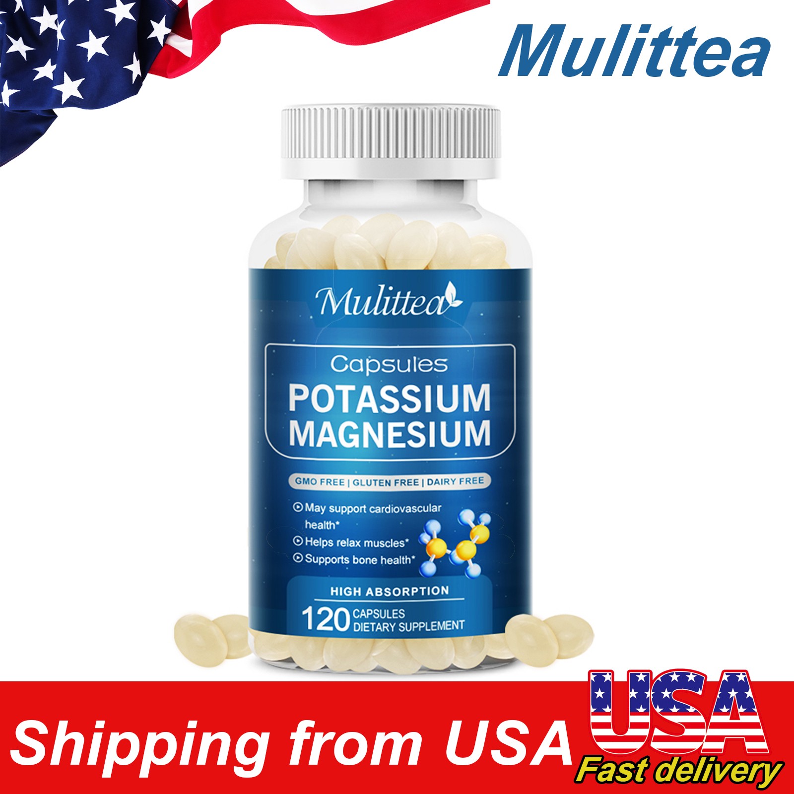 Potassium Magnesium 120 Capsules Non-GMO, Gluten Free