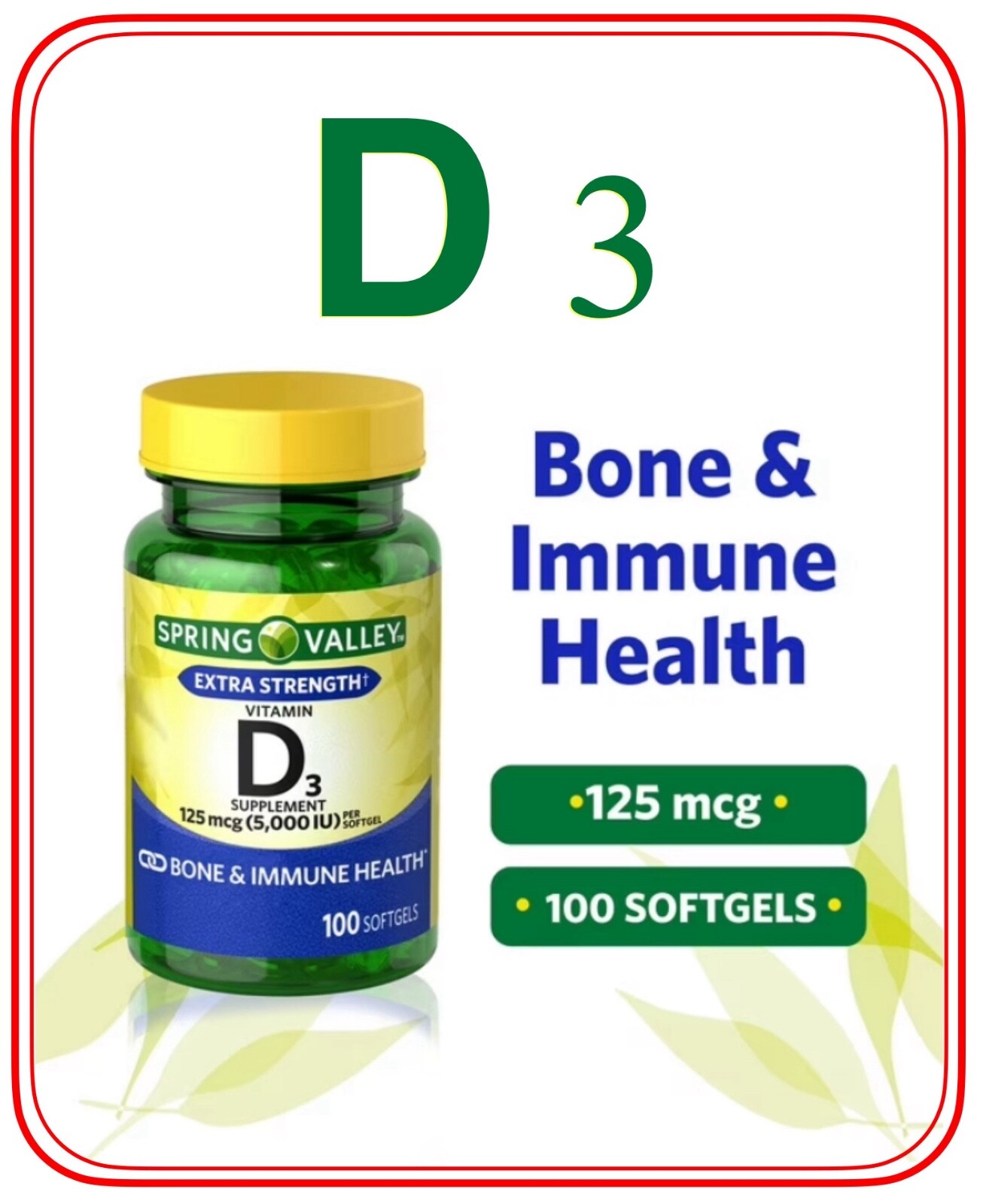 D3, Vitamin D3 Softgels, 5000 IU, 100 Count, Spring Valley 125 mg