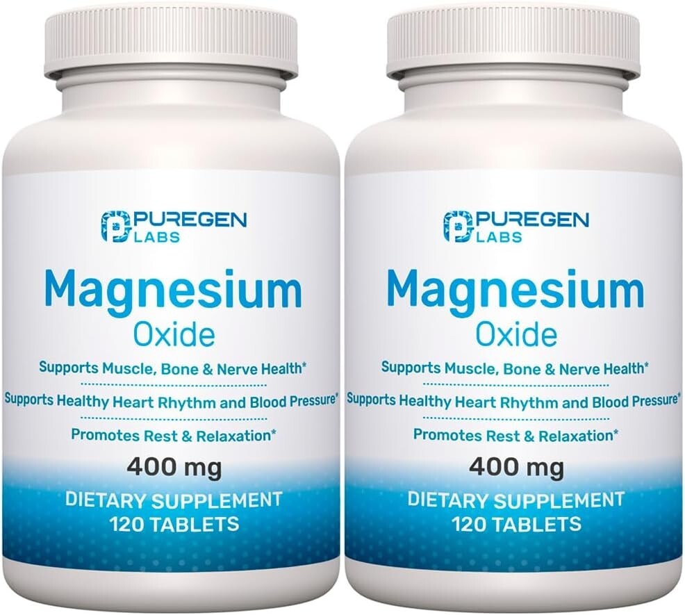 Puregen Magnesium Oxide 400mg High Potency Supplement 120 Tablets 2 Pack