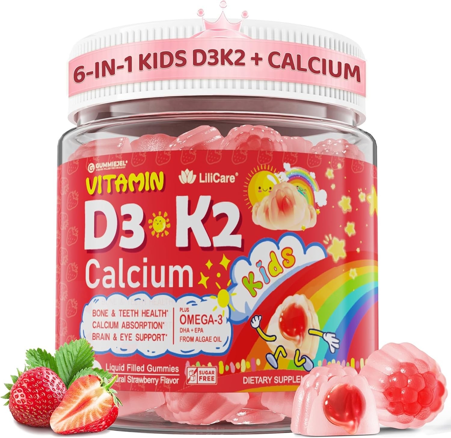 Vitamin D3 K2 + Calcium Liquid-Filled Gummies for Kids & Teens, 1000IU/2000IU D3