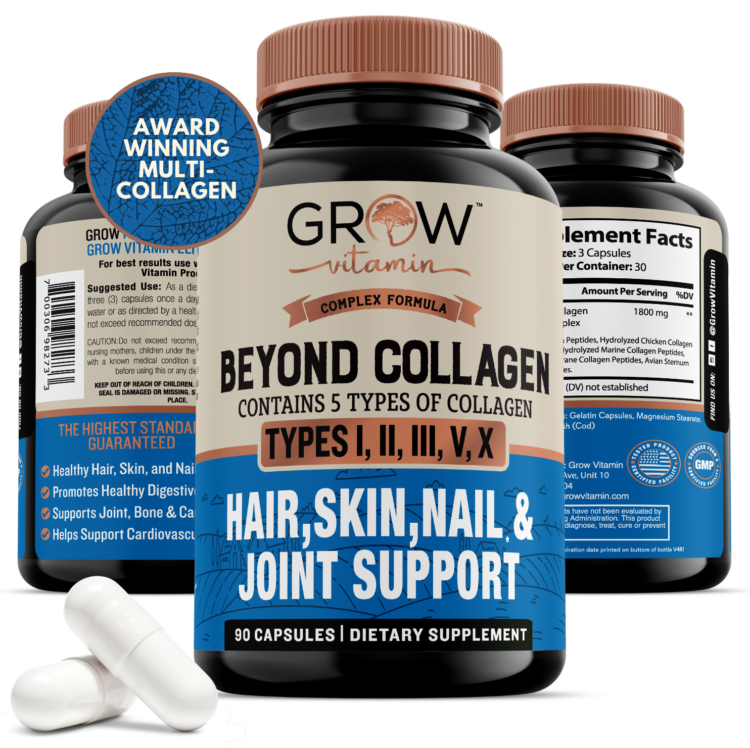 Beyond Collagen + 1800 MG, 90 Capsules, 5 Types of PROTEIN  I, II, III, V, X