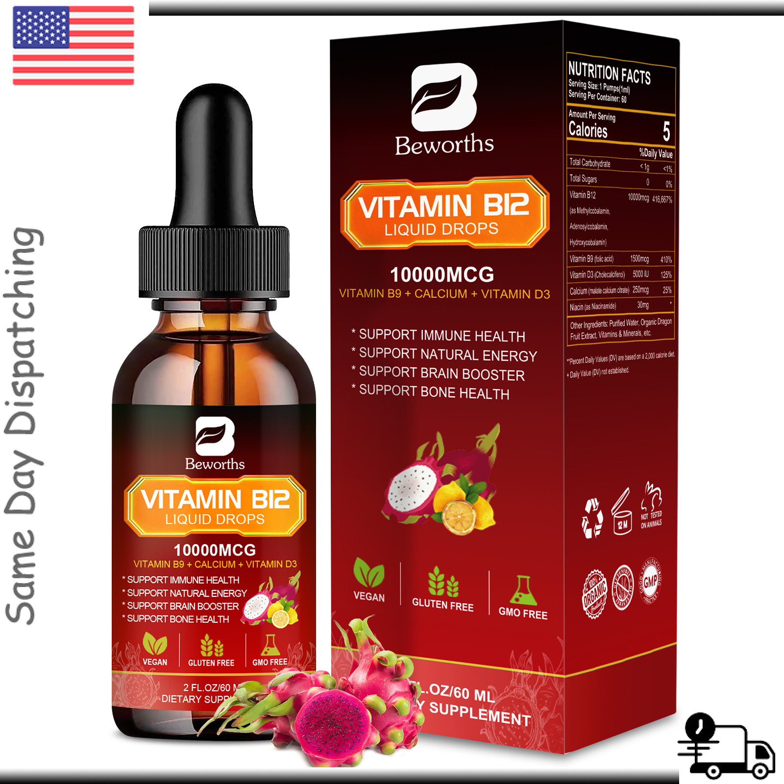 Natural Vitamin B12 Liquid Sublingual Extra Strength Energy & Immune Support