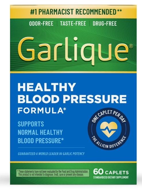 Garlique Healthy Blood Pressure Supplement 60 Caplets Odor Free Vegan Gluten