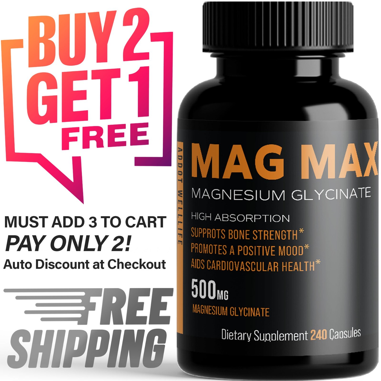 Magnesium Glycinate 500mg – 240 Capsules | 8-Month Supply | USA Made Quality