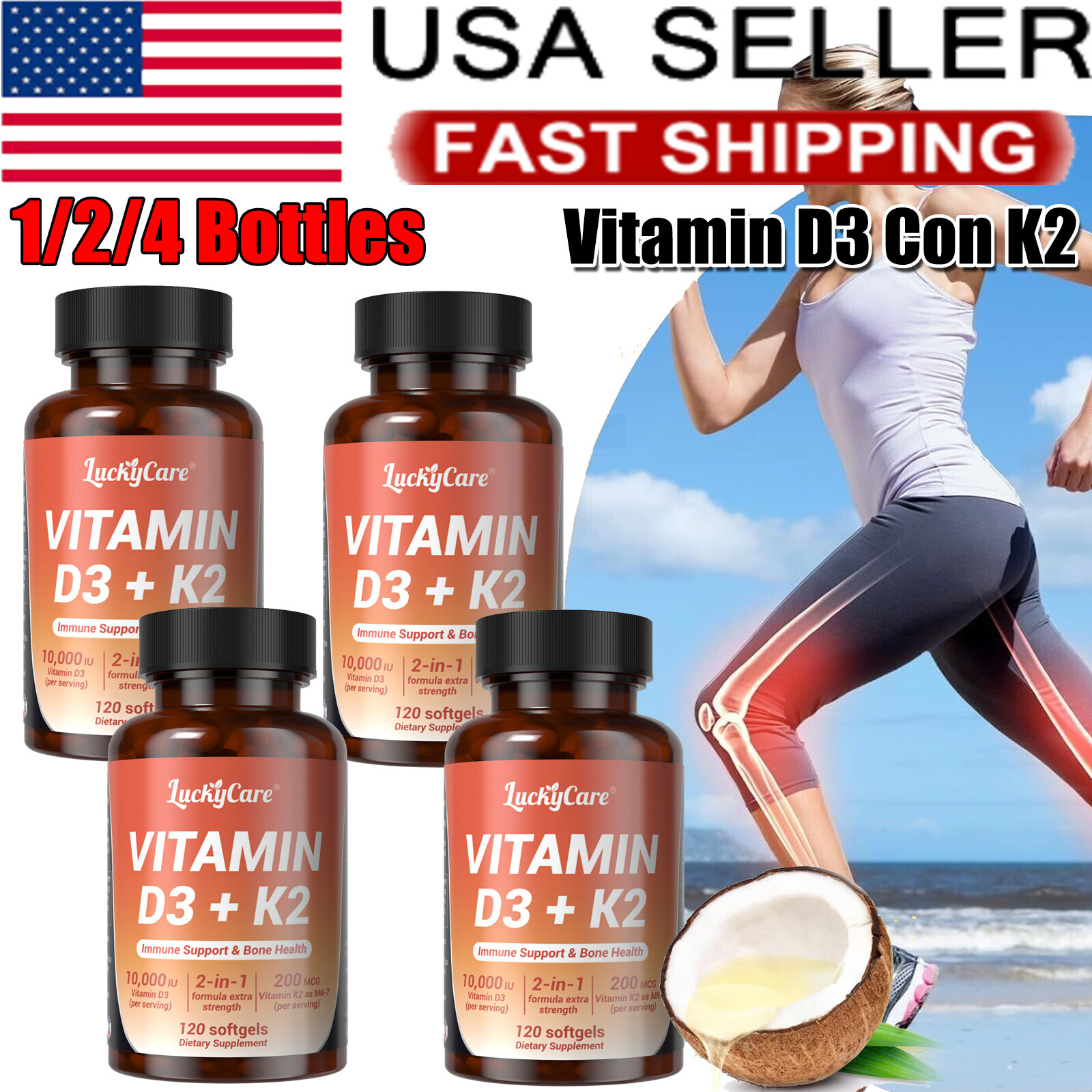 2-in-1 Vitamin D3 10000 IU K2 200 mcg Supplement 120 Softgel Bone Immune Support