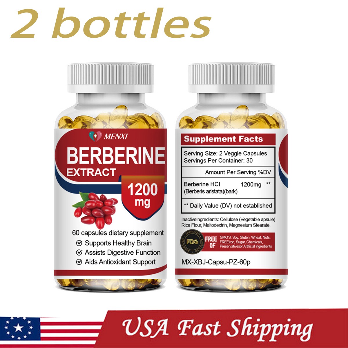 2 Packs Blood Sugar Support Supplement 1200mg Berberine Cinnamon Premium Extract