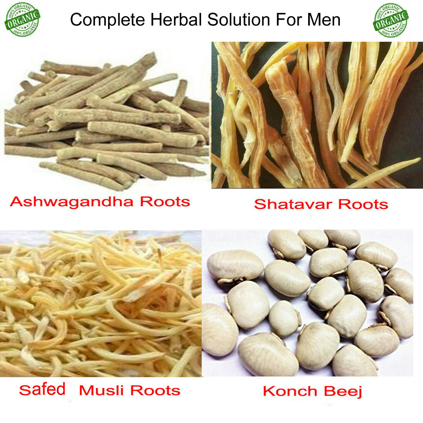 Safed Musli Shatavar Ashwagandha Konch Beej Roots Set Complete Solution For Men