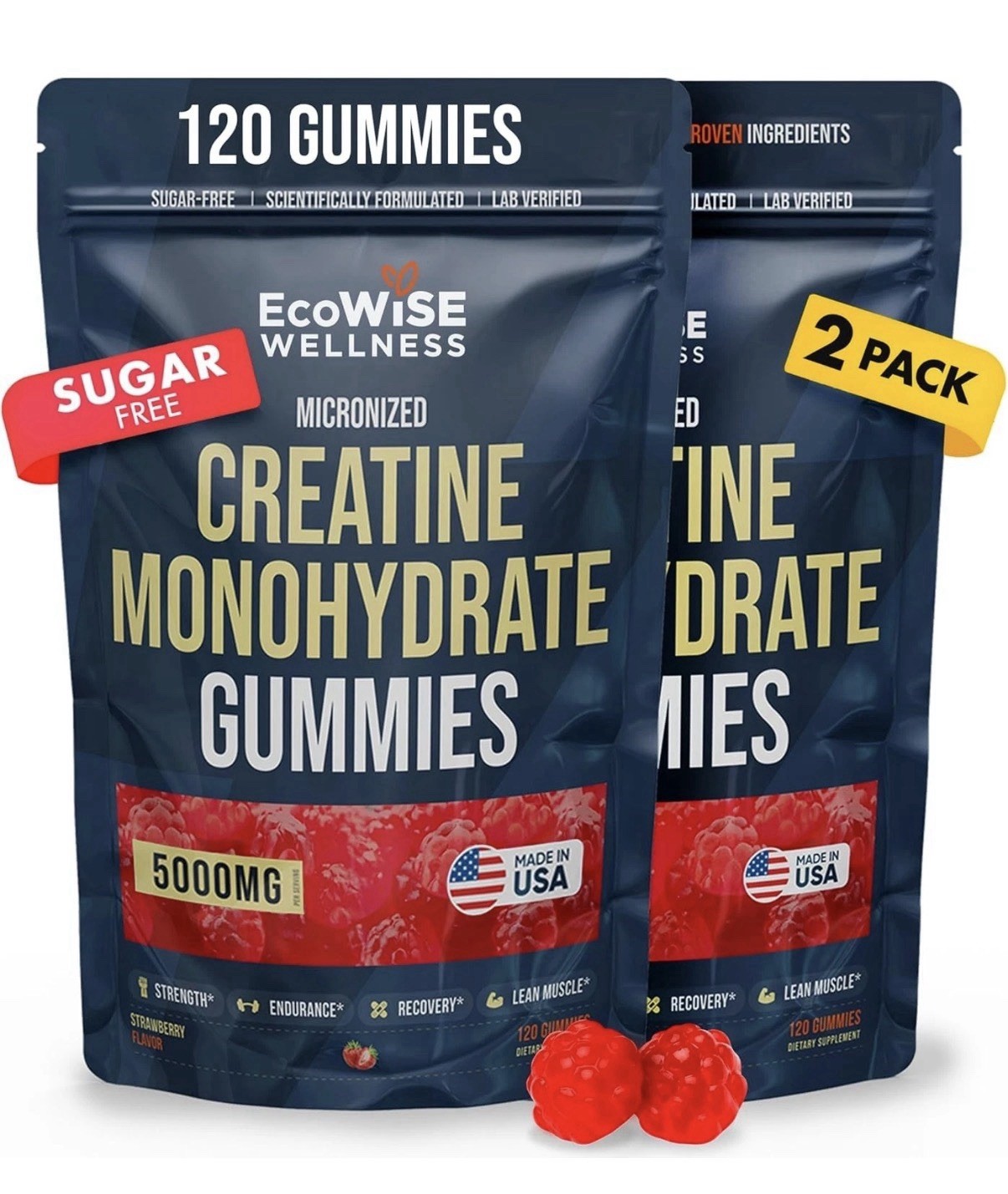 EcoWise Wellness 2 Pack Creatine Monohydrate Gummies 5000 mg Fresh Strawberry…