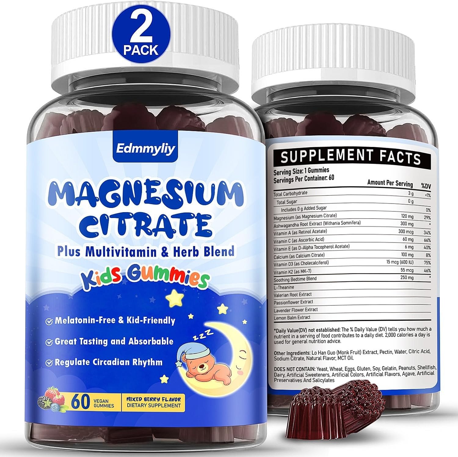 Magnesium Gummies for Kids 4+Sugar Free Magnesium Calcium and Vitamin A, C, D3 &