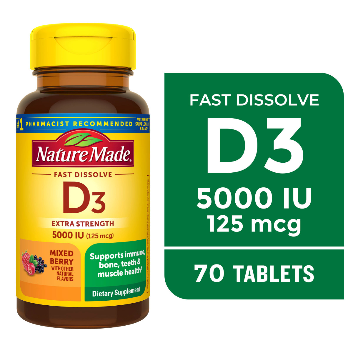 Nature Made Fast Dissolve D3 Extra Strength 5000IU Berry Flavor 70 Tablets 05/26