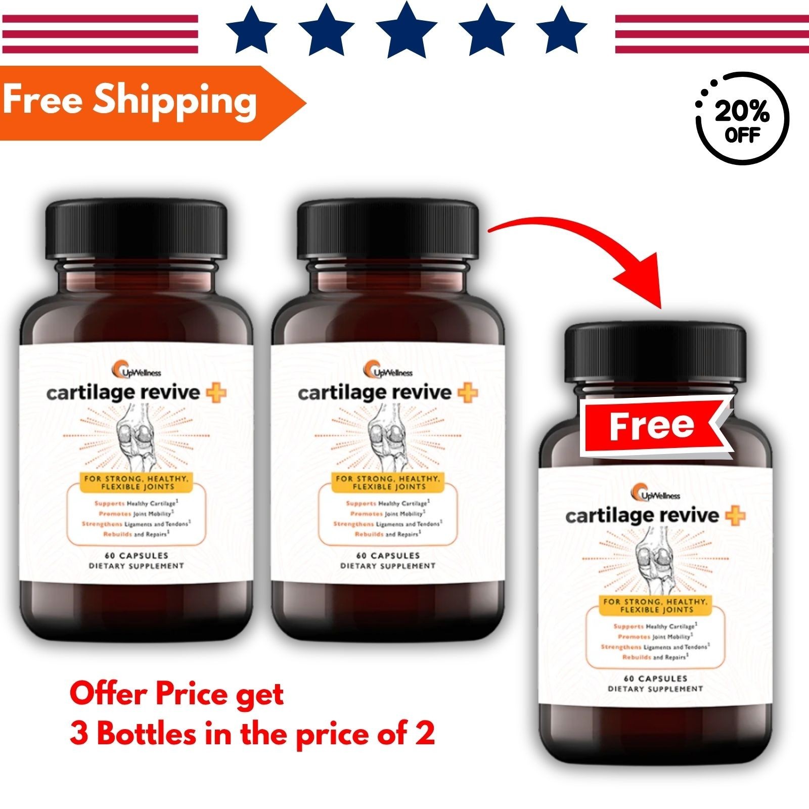 UpWellness Cartilage Revive + Joint Support Supplement for Men and Women 3 Pack