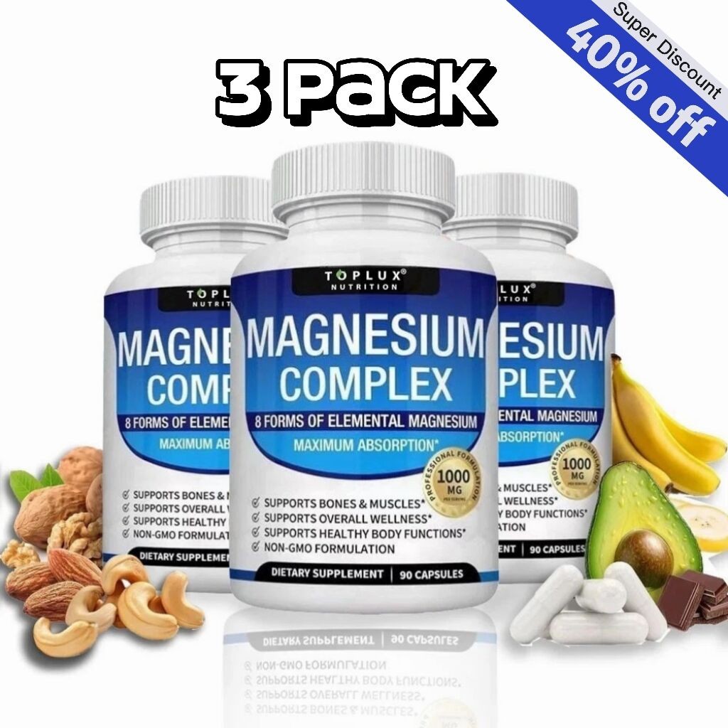 3 PACK Toplux Nutrition Magnesium Complex 1000mg Supports 8 Elemental Magnesium.