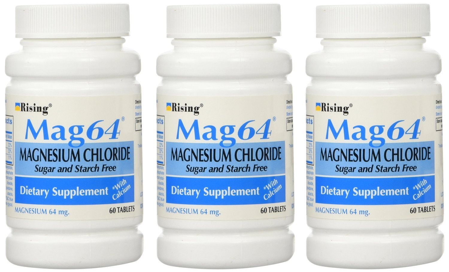 NEW MAG 64 MAGNESIUM CHLORIDE WITH CALCIUM 60 TABLETS (3 Bottles = 180 Tablets)