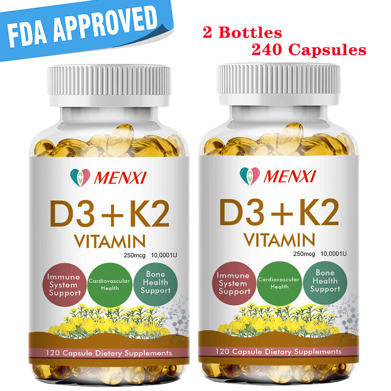 240 Vitamin D3+K2(MK-7)Capsules 250mcg For Immune&Bone Health 10,000IU 2 Bottles