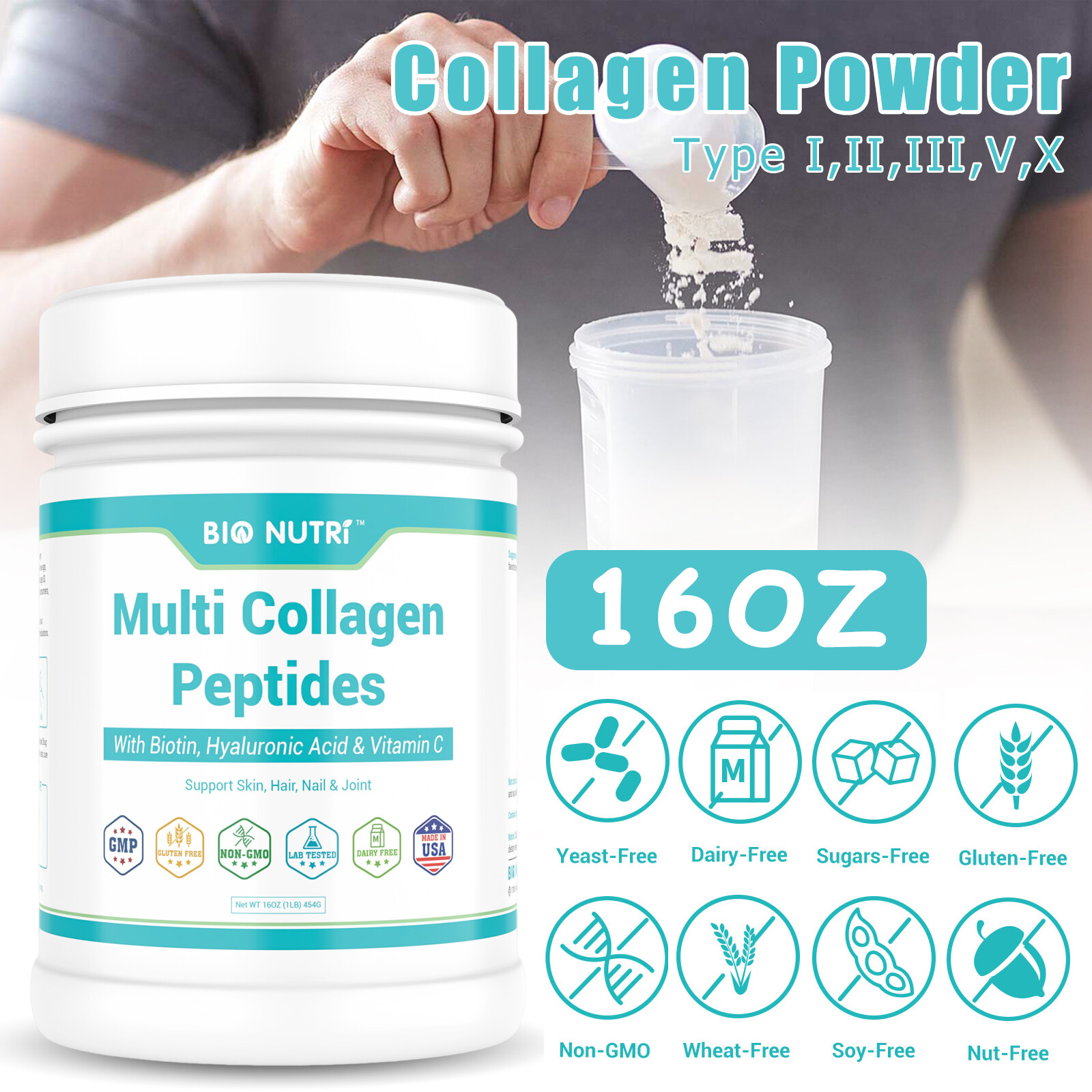 1LB Premium Multi Collagen Peptides Powder Types I, II, III, V, X Anti-Aging NEW