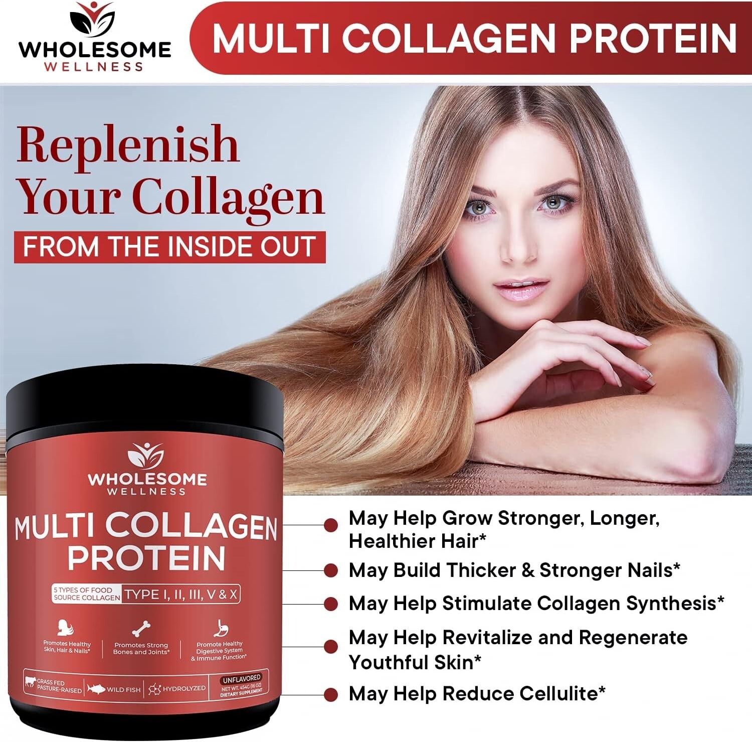 Multi Collagen (Type I II III V X) Wholesome Wellness Protein Powder Hydrolyzed