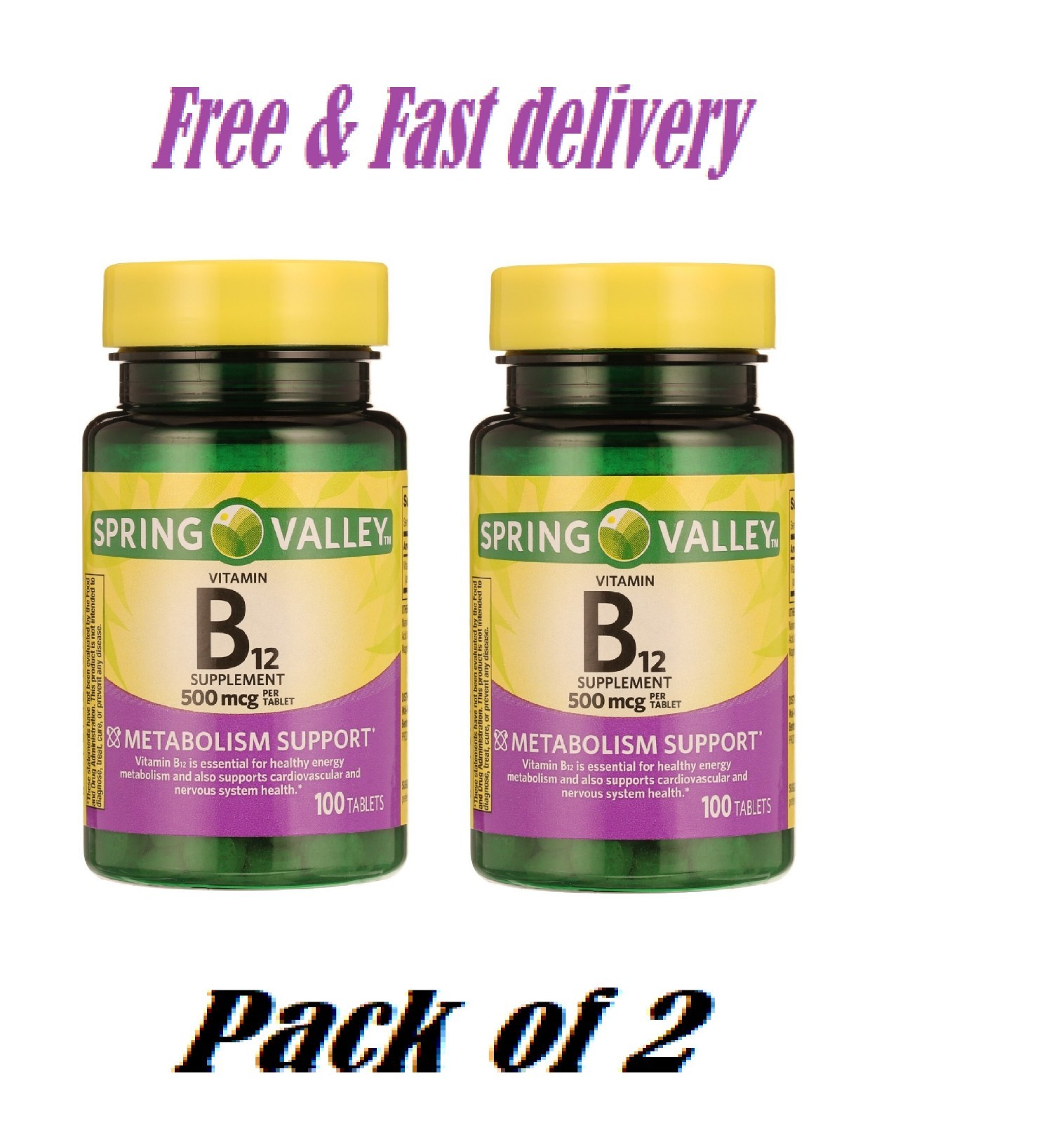 Spring Valley Vitamin B12 500 mcg Tablets Metabolism Support 100CT (2 Pack)