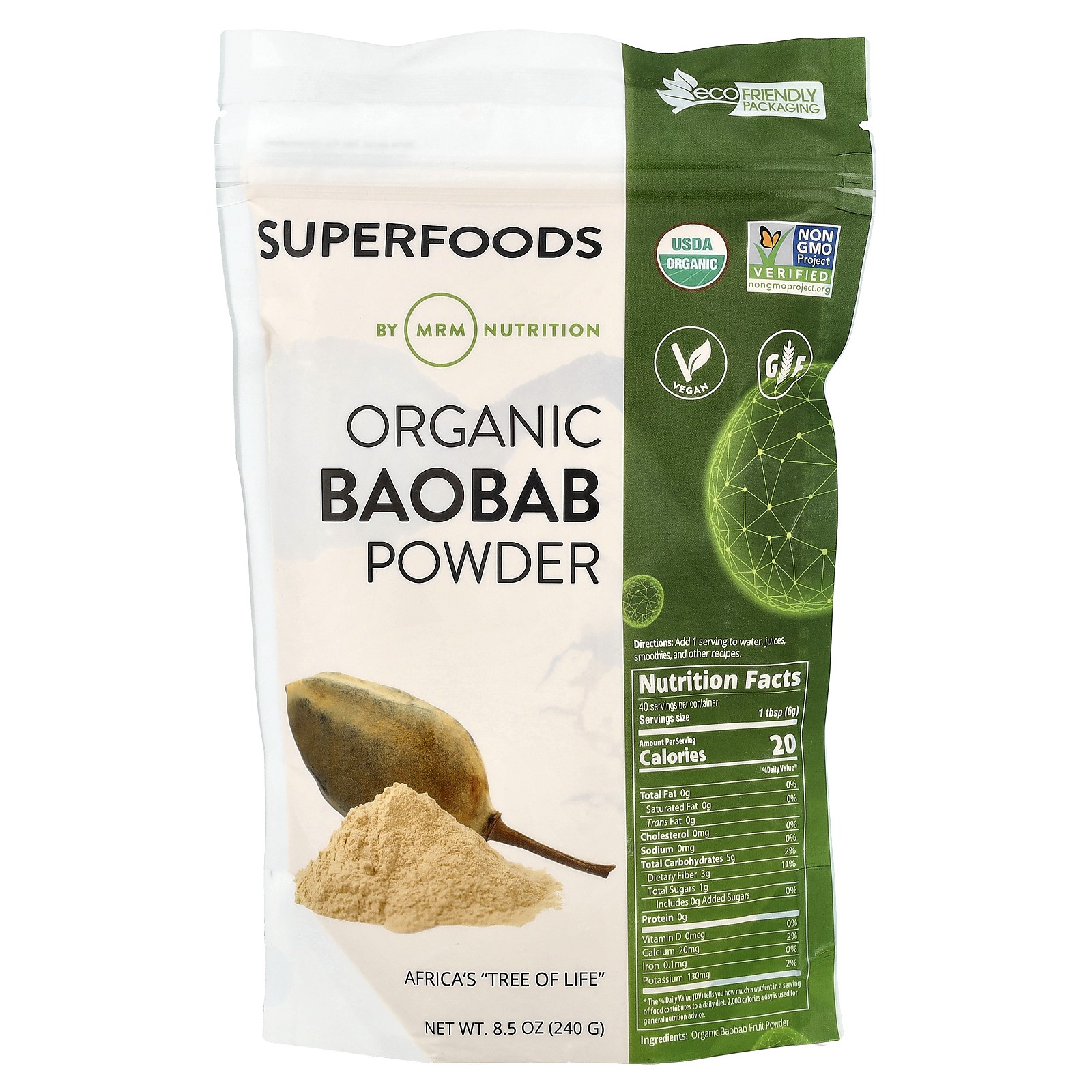 MRM Organic Baobab Powder 8 5 oz 240 g EcoFriendly, Gluten-Free, Non-GMO,