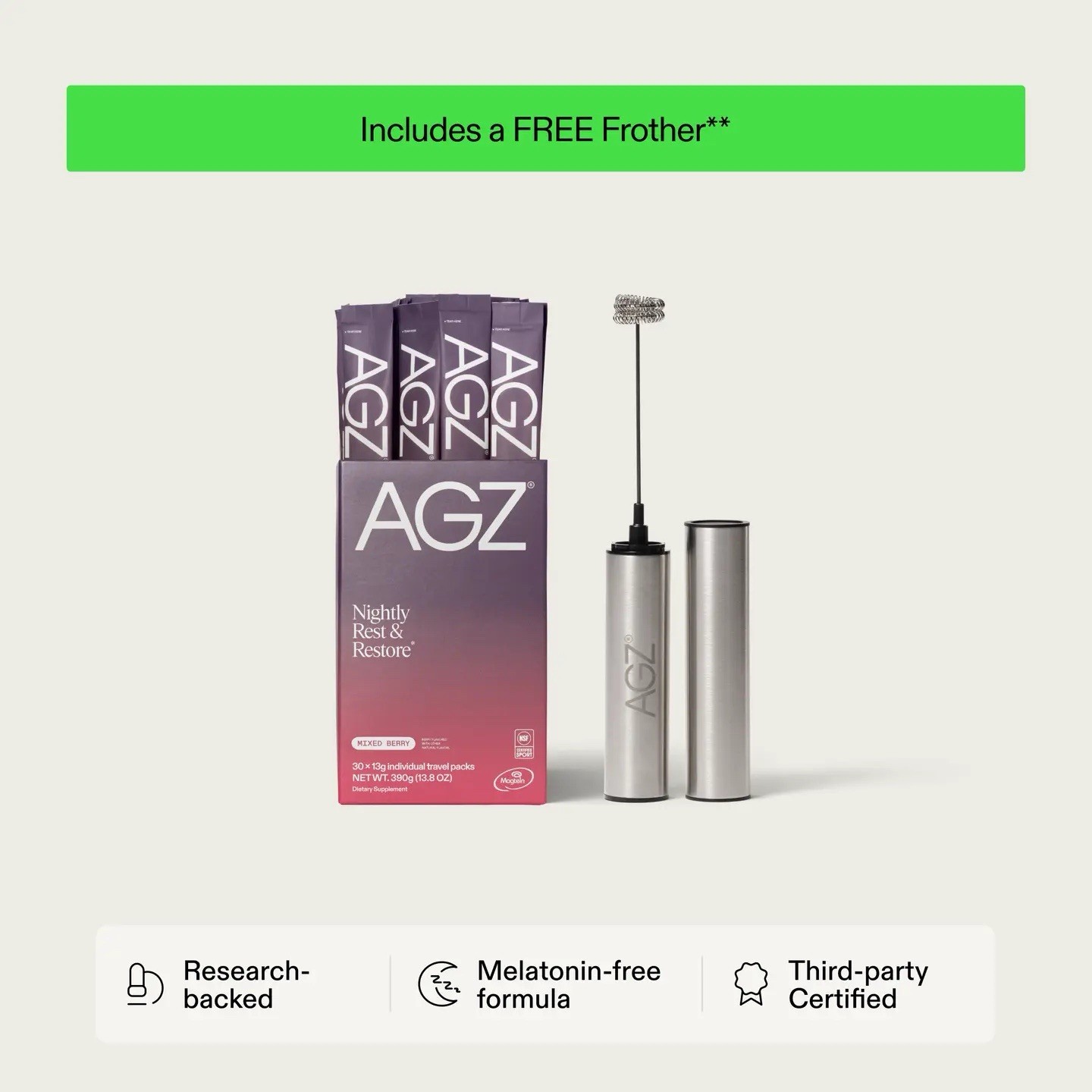 AGZ – Nightly Sleep Support 30 Packets + Frother – Mixed Berry