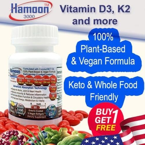 Hamoon 3000™ Vitamin D3 + K2 Softgels 100% Plant-based formula -Buy 1 Get 1 Free