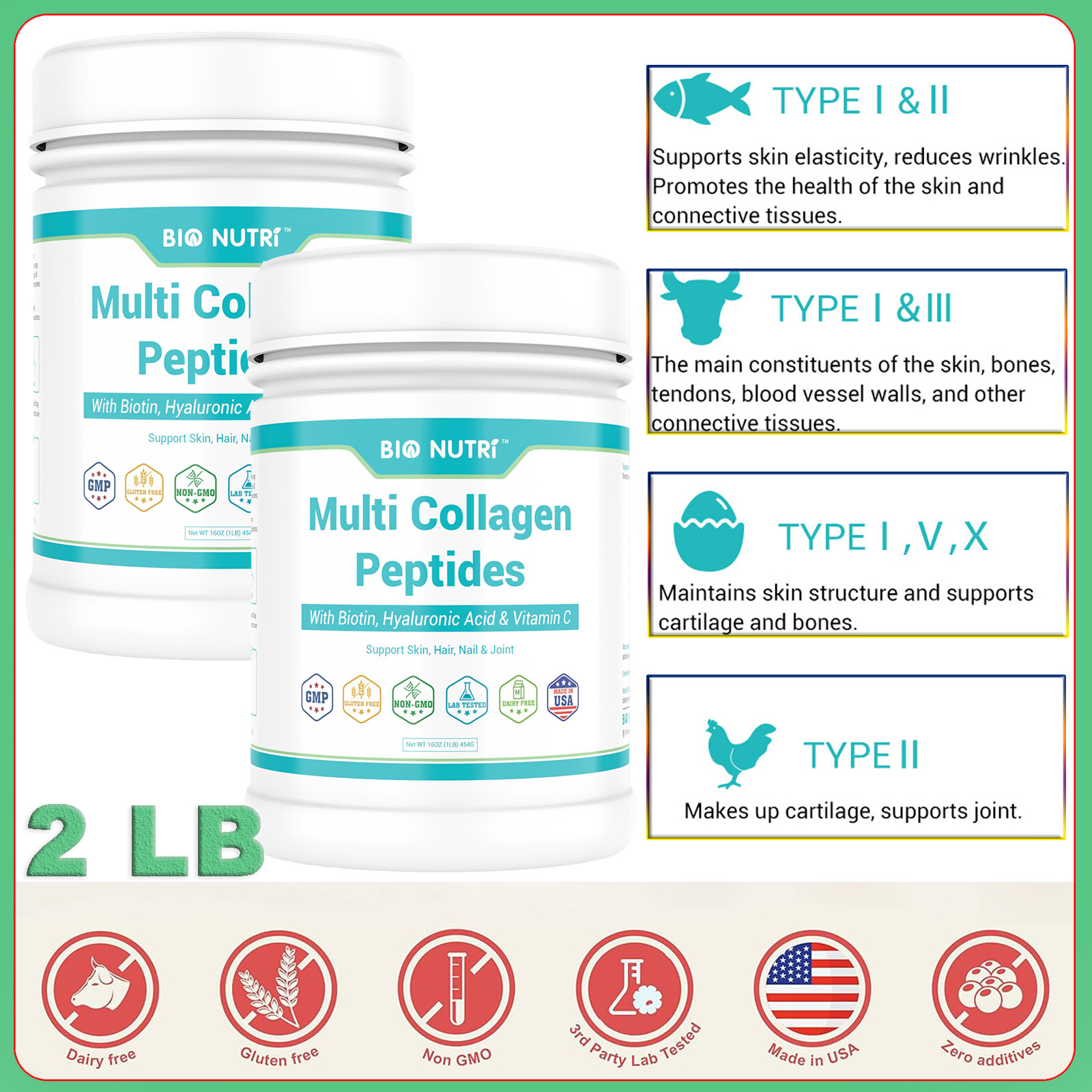 2LB Multi Collagen Peptides Powder Types I, II, III, V, X Hydrolyzed Protein US