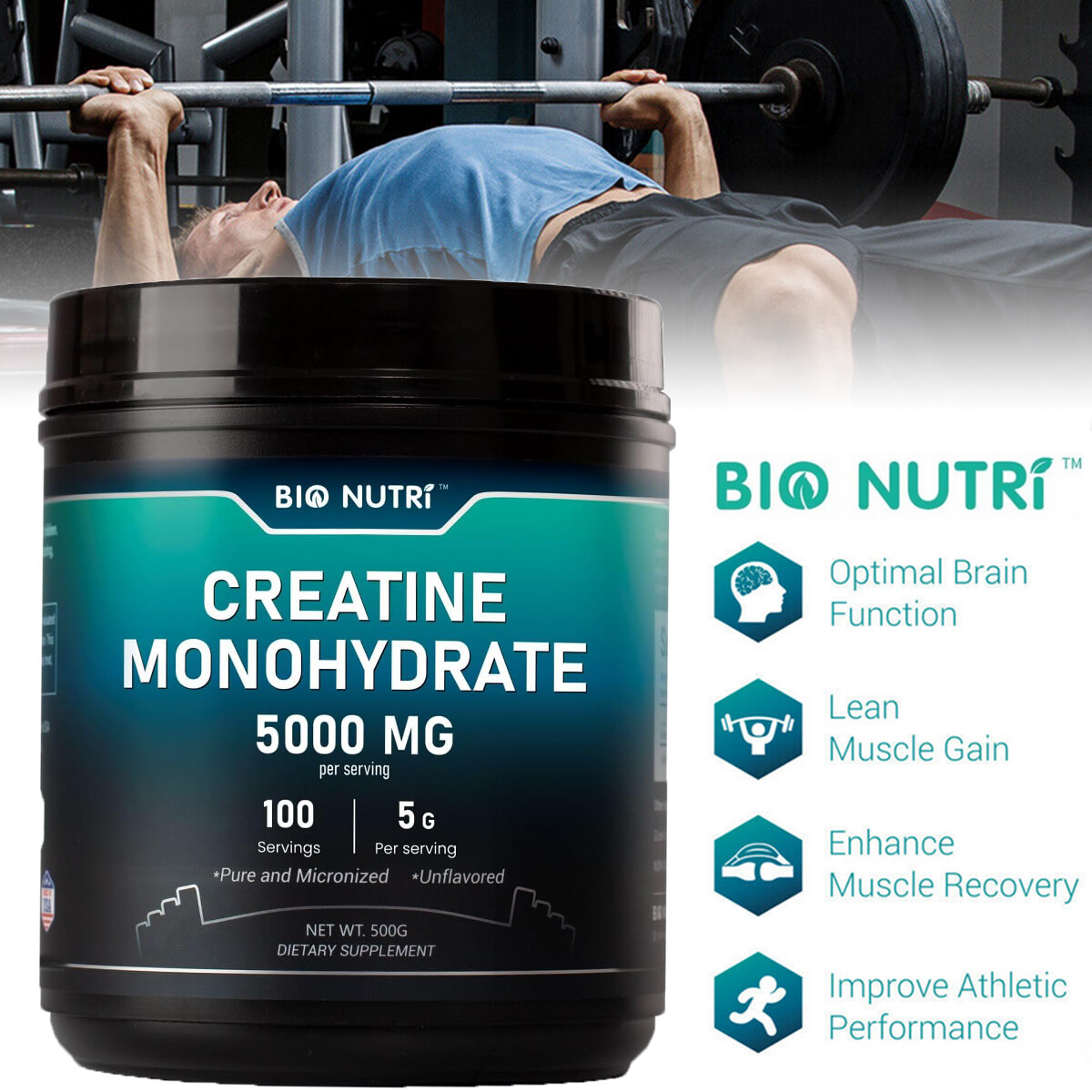 Pure Creatine Monohydrate 500 Gram Powder Micronized 100 Servings 5g Per Serving