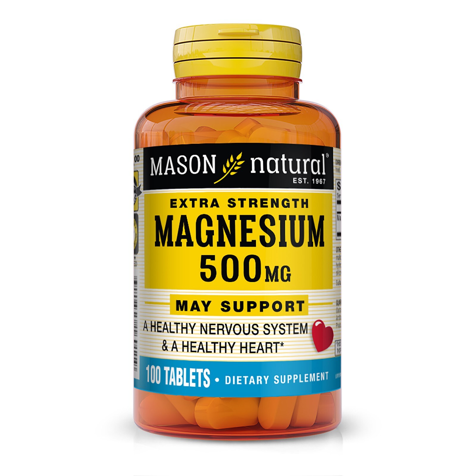 Mason Natural Magnesium 500 mg Extra Strength, Heart & Nervous System, 100 Tabs