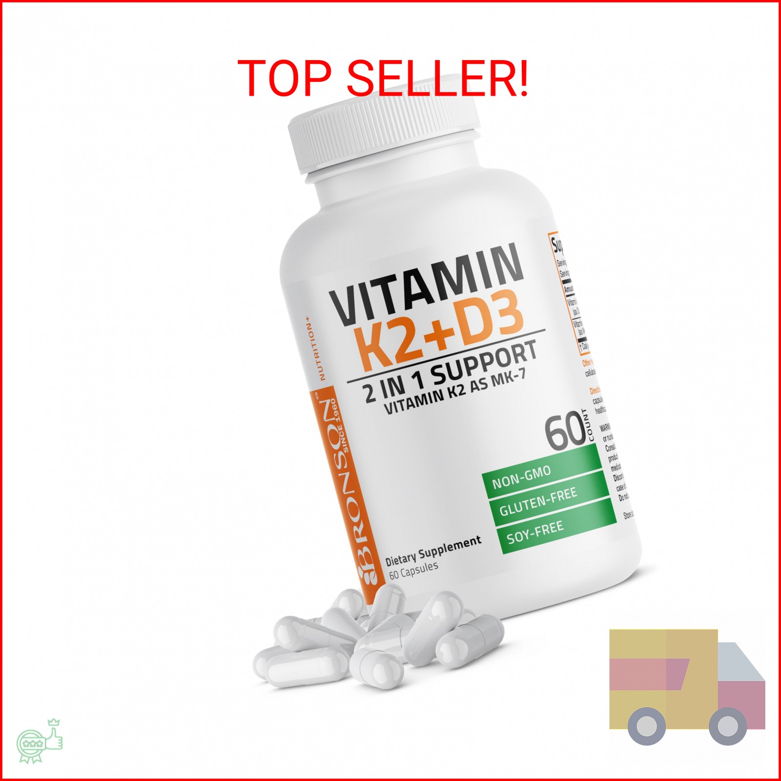 Bronson Vitamin K2 (MK7) with D3 Supplement Non-GMO Formula 5000 IU Vitamin D3 &