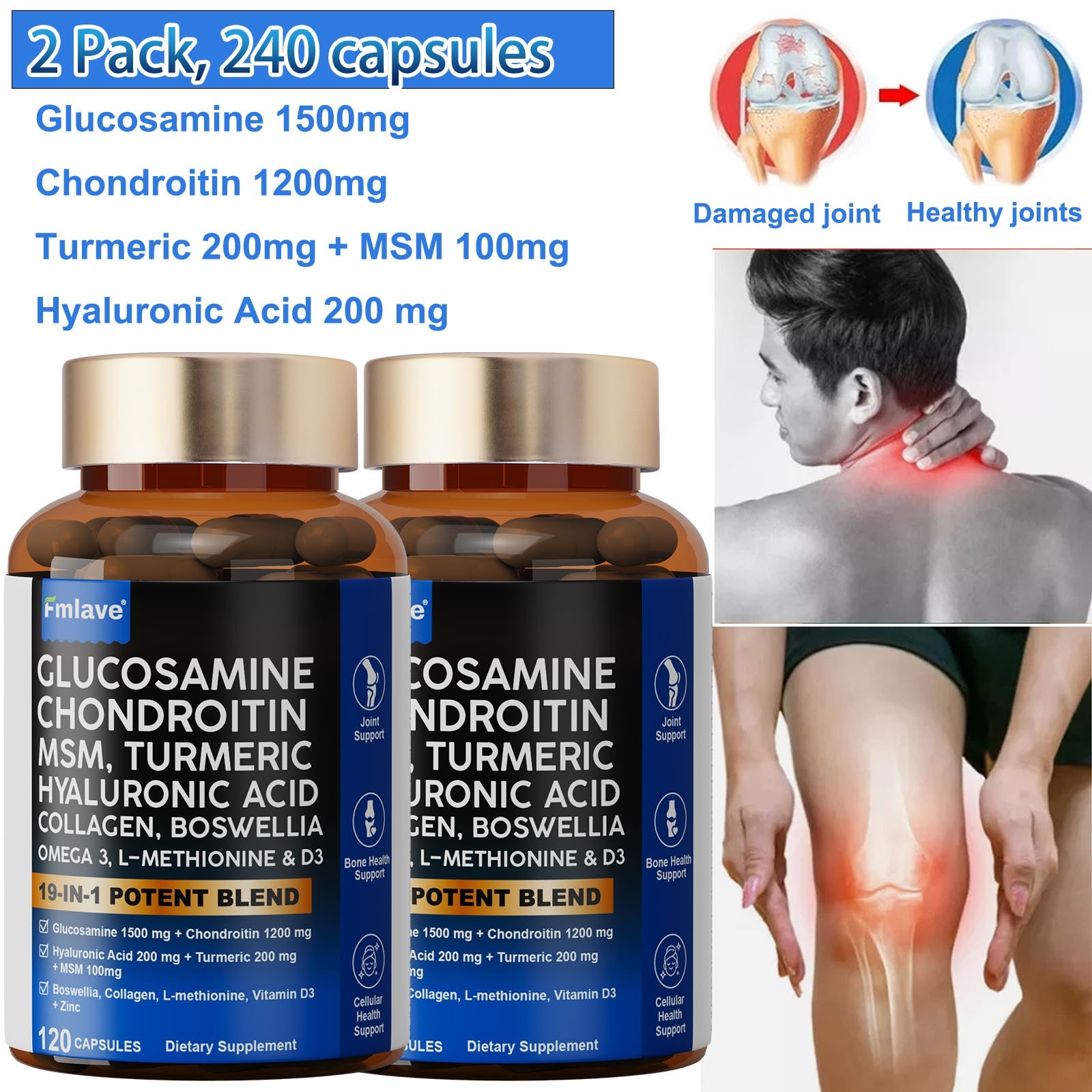 2x Joint Support Supplement – Glucosamine Chondroitin MSM Turmeric Collagen 120p
