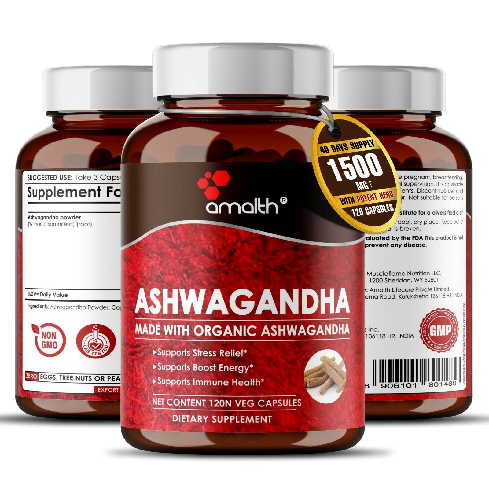 Organic Ashwagandha Root Powder 1500mg Capsules – 120 Count Stress Supplement