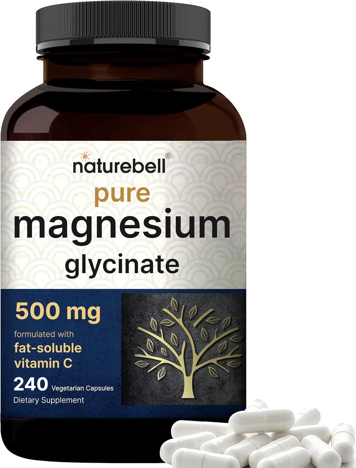 Pure Magnesium Glycinate 500Mg with Fat Soluble Vitamin C, 240 Veggie Capsules |