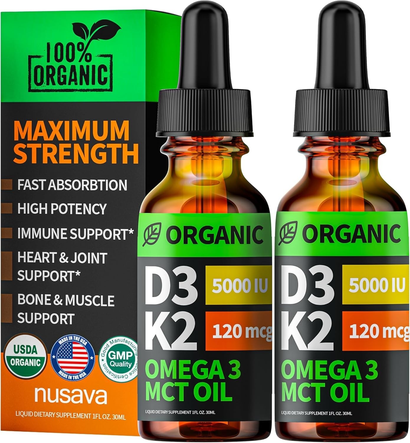 Nusava Vitamin D3 K2 Drops 5000 IU Liquid MCT Oil Non-GMO (2 Pack)