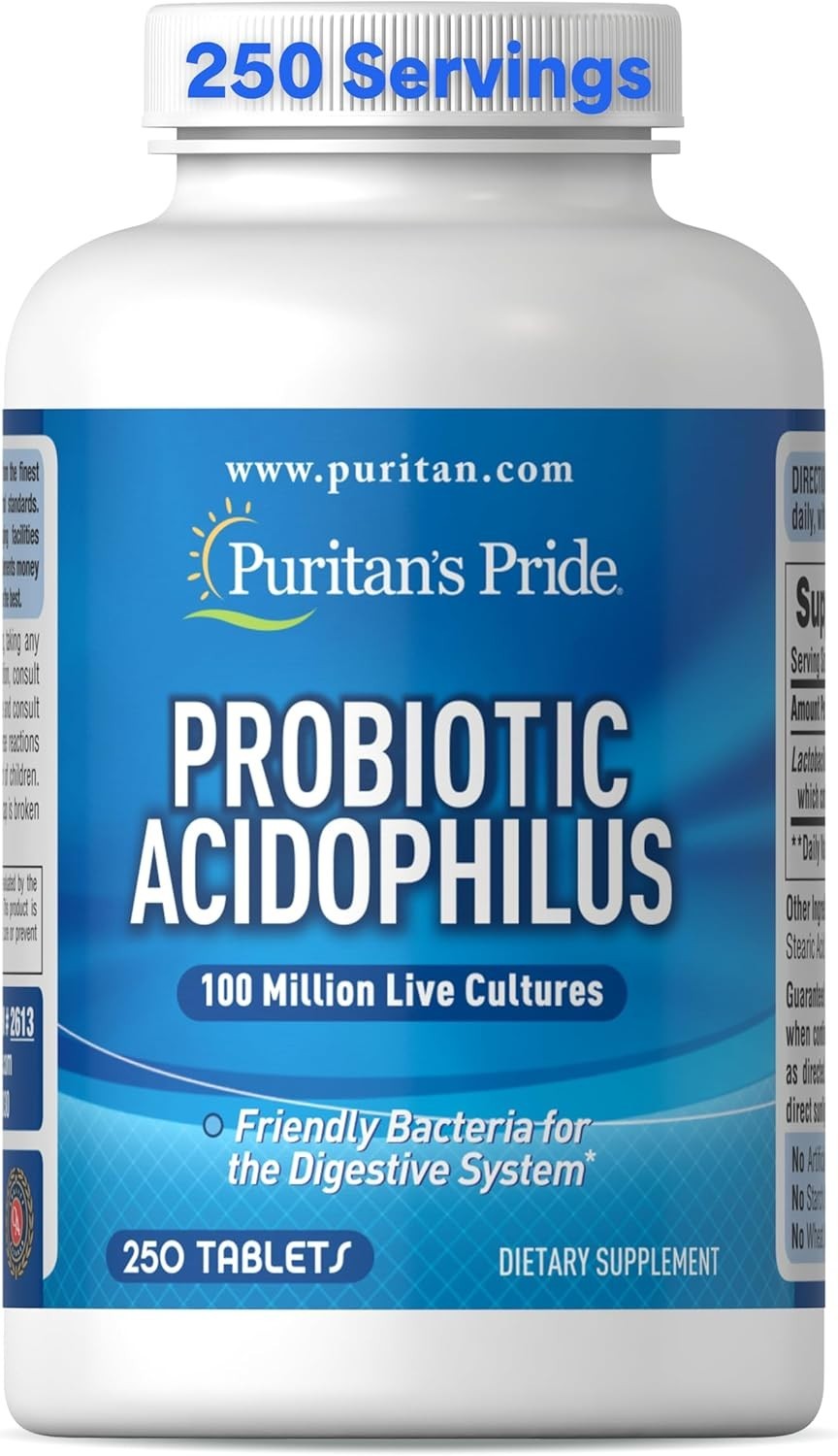Puritans Pride Probiotic Acidophilus Tablets, White, 250 Count Gluten Free