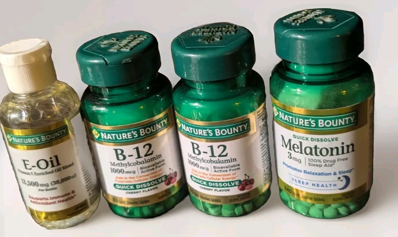 Nature’s Bounty B-12 (2)/Melantonin/Vitamin E Oil Assortment 4pack- Sealed