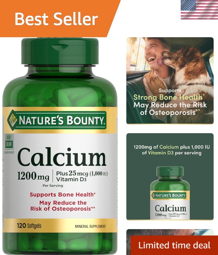 Calcium 1200 mg & Vitamin D3 1000 IU Softgels – Bone & Immune Support, Gluten…